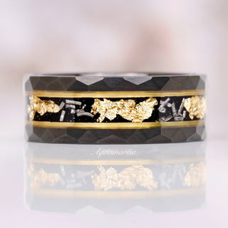 Meteorite & Gold Leaf Wedding Band in Two Tone Black Tungsten (8mm)