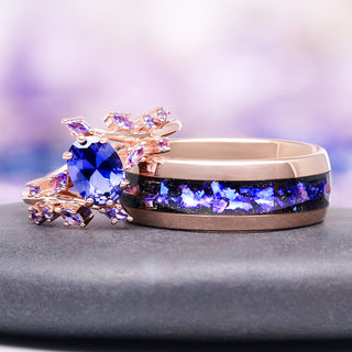 Cornflower Blue Sapphire Leaf Ring in 14K Rose Gold Vermeil