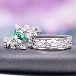 Green Moss Agate Leaf Engagement Ring in Sterling Silver