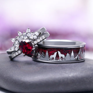 Art Deco Natural Red Garnet Ring Set- Black Ruthenium (Vampire Inspired)