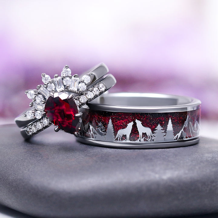 Art Deco Natural Red Garnet Ring Set- Black Ruthenium (Vampire Inspired)