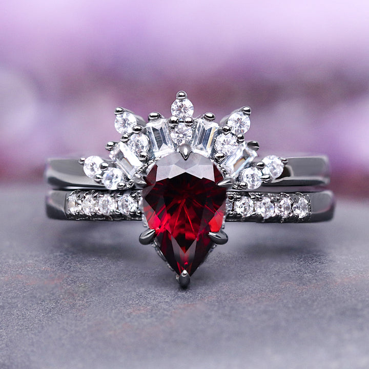 Art Deco Natural Red Garnet Ring Set- Black Ruthenium (Vampire Inspired)