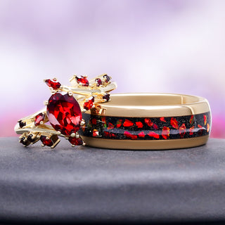 Natural Garnet & Red Fire Opal Leaf Couples Ring Set