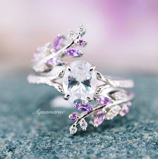 Fairy Amethyst & Simulated Diamond Engagement Leaf Ring Set in Sterling Silver