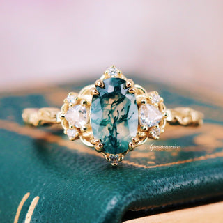 Esme Green Moss Agate Fairy Engagement Ring in 14K Solid Yellow Gold
