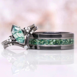 Hexagon Coffin Green Moss Agate Engagement Ring Set in Black Ruthenium
