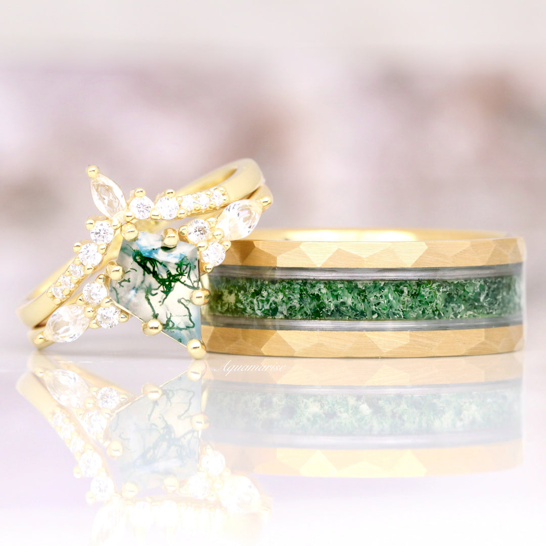 Moss Agate Wedding Band- 8MM Gold Tungsten