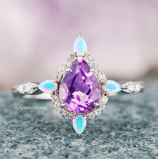 Natural Amethyst & Fire Opal Engagement Ring in 14K White Gold