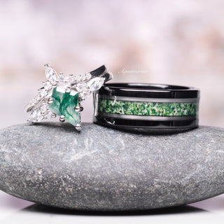 Green Moss Agate Wedding Band in Two Tone Black Tungsten Carbide (8mm)