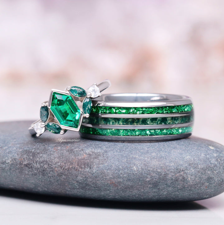 Moss Agate & Emerald Wedding Band- 8MM Tungsten