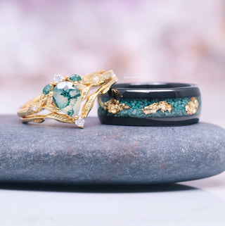 Green Moss Agate Leaf Engagement Ring in 14K Yellow Gold Vermeil