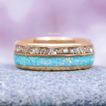 Blue Fire Opal & Simulated Diamond Wedding Band- 8MM Gold Tungsten ring featuring a vivid blue fire opal inlay with crushed simulated diamonds set in a polished gold tungsten band, part of Aquamarise's Men’s Wedding Bands and Birthstone Jewelry collections.