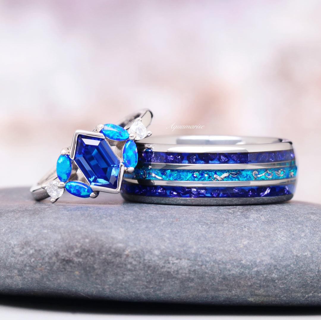 Blue Fire Opal, Meteorite & Sapphire Wedding Band- 8MM Tungsten