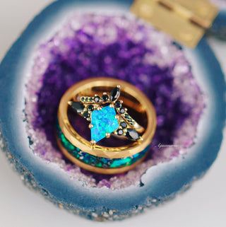 Skye Kite®  Blue Fire Opal & Black Onyx Ring Set- 14K Yellow Gold Vermeil