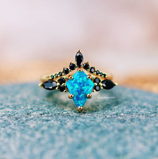 Skye Kite®  Blue Fire Opal & Black Onyx Ring Set- 14K Yellow Gold Vermeil