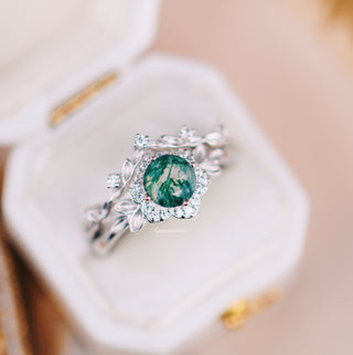 Moss Agate Fairy Leaf Ring Set in 14K White Gold