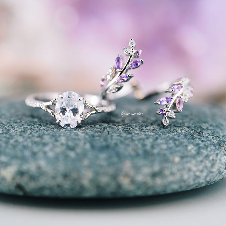 Amethyst & Diamond (cz) Leaf Couples Ring