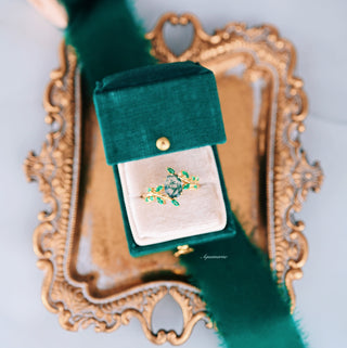 Green Moss Agate & Emerald Leaf Ring in 14K Yellow Gold Vermeil