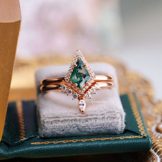 Mountain Range Green Moss Agate Couples Ring Set