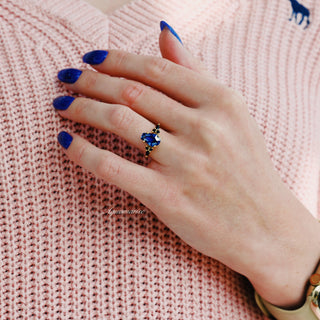 Coffin Cut Blue Sapphire and Gold Leaf Couples Ring Set