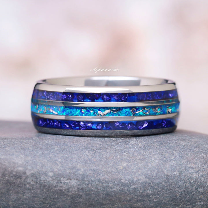 Blue Fire Opal, Meteorite & Sapphire Wedding Band- 8MM Tungsten