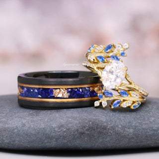 Blue Sapphire and Diamond Leaf Ring Guard in 14K Solid Yellow Gold