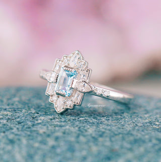 Art Deco Mosaic Aquamarine Engagement Ring in 14K White Gold