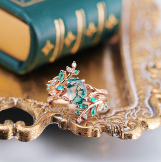 Green Fire Opal & Moss Agate Leaf Couples Ring Set