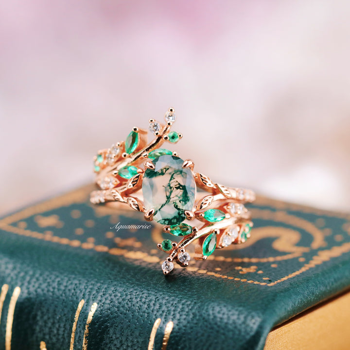 Green Fire Opal & Moss Agate Leaf Couples Ring