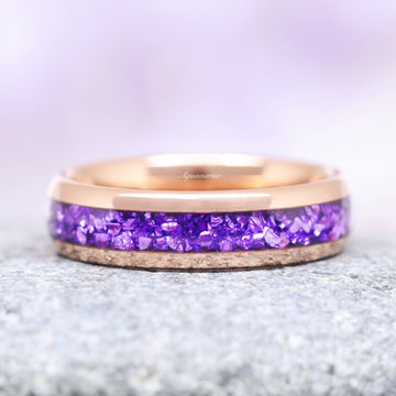 Feyra Starry Night & Amethyst Couples Ring Set featuring a polished rose gold band with a vibrant crushed amethyst inlay and textured detailing, crafted by Aquamarise from Matching Couples' Rings and Amethyst Jewelry collections.