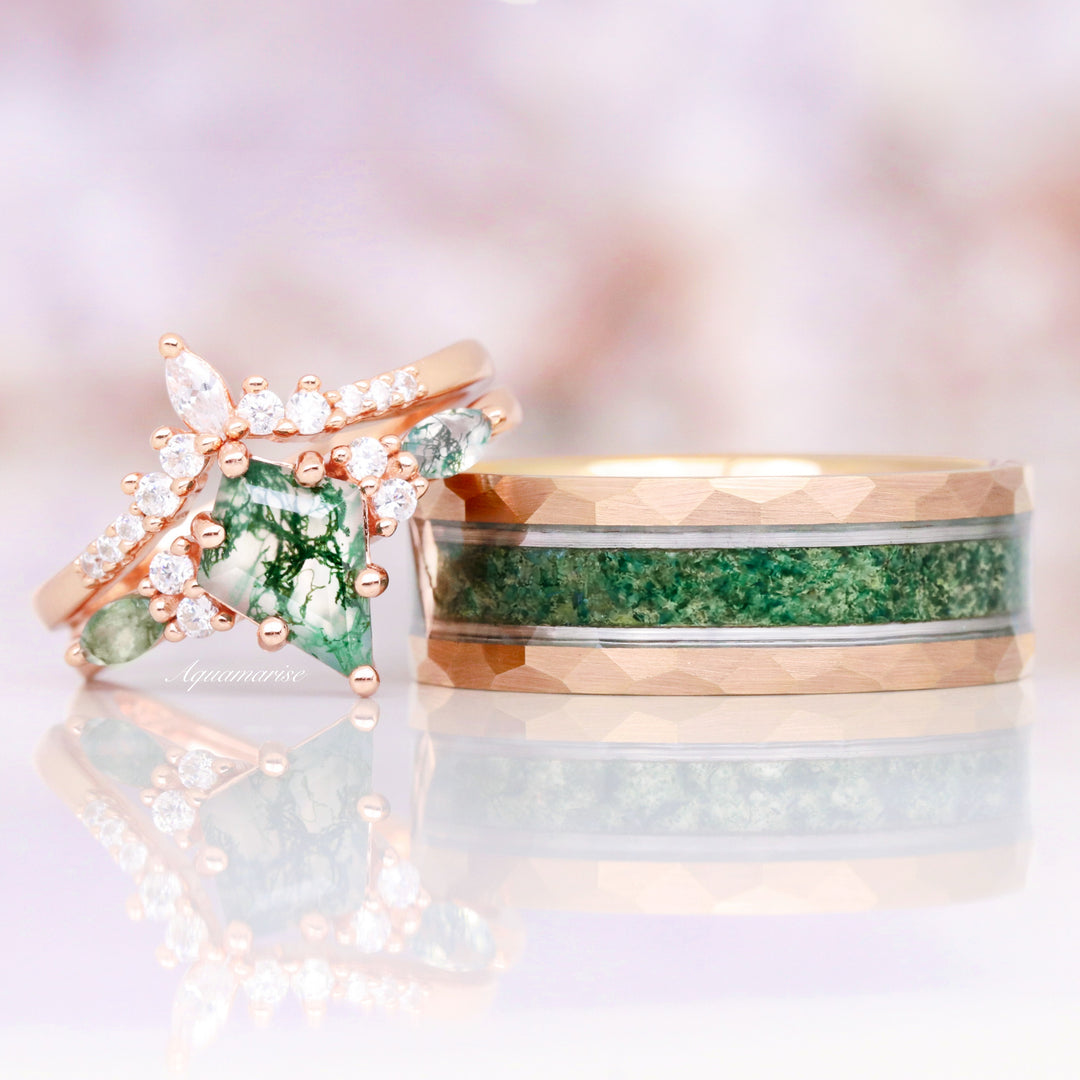 Moss Agate Wedding Band- 8MM Rose Gold Tungsten