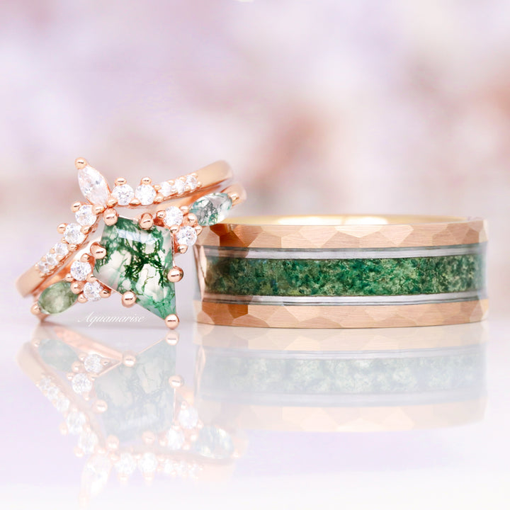 Moss Agate Wedding Band- 8MM Rose Gold Tungsten