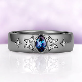 Alexandrite Celestial Wedding Band in Black Ruthenium (6mm) by Aquamarise, bezel-set marquise lab-grown alexandrite between pave crescent moons and four-point stars