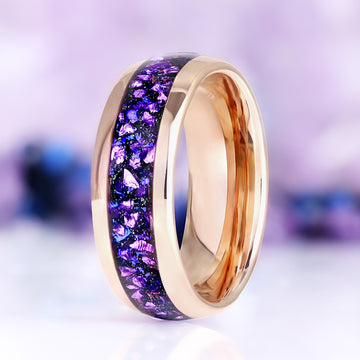 Amethyst & Galaxy Fire Opal Couples Ring Set – side profile view