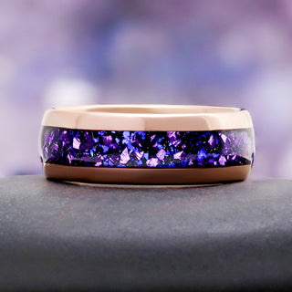 Amethyst & Galaxy Fire Opal Couples Ring Set – close-up detail