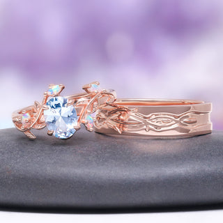 Aquamarine & Fire Opal Leaf Couples Ring Set