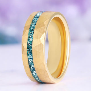 Aquamarine Men's Wedding Band in Gold Tungsten (8mm) by Aquamarise, a hammered gold band with a crushed aquamarine inlay channel.