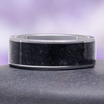 Shadow Queen Black Onyx Couples Ring Set by Aquamarise, featuring a polished black onyx inlay with a sleek silver-toned metal band for a modern matching couples ring design.