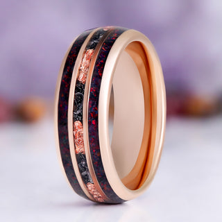 Black fire opal and meteorite men's wedding band in rose gold tungsten, 8mm