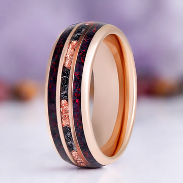Black fire opal and meteorite men's wedding band in rose gold tungsten, 8mm