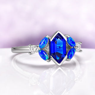 Hexagon Sapphire Blue Opal Engagement Ring in Sterling Silver