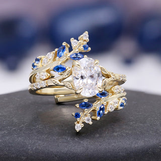 Lab-Grown Diamond & Sapphire Leaf Engagement Ring Set in 14K Solid Yellow Gold (IGI Certified) by Aquamarise Gold, featuring blue sapphires and diamonds in a nature-inspired design.