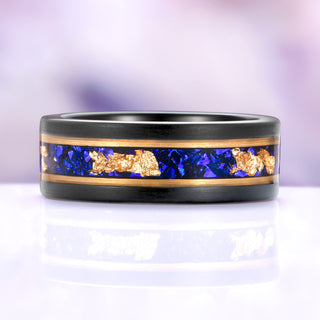 Blue Sapphire & Gold Leaf Brushed Men's Wedding Band in Black Tungsten (8mm) – side profile view