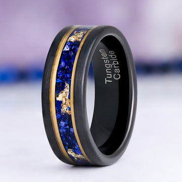 Blue Sapphire & Gold Leaf Brushed Men's Wedding Band in Black Tungsten (8mm) by Aquamarise, upright view showing the tungsten carbide interior stamp.