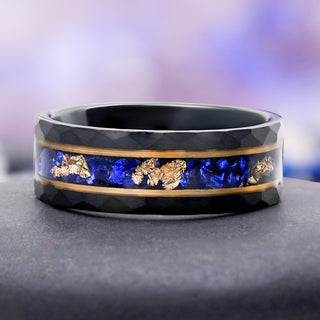 Skye Kite® Blue Sapphire & Gold Leaf Couples Ring Set – side profile view