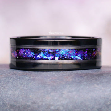 Galaxy Orion Nebula™ and Blue Sapphire Couples Ring Set by Aquamarise, black finish ring with celestial blue and purple galaxy-inspired inlay, part of Matching Couples' Rings collection.