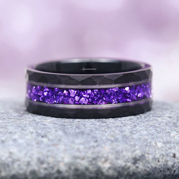 Crushed Amethyst Wedding Band- 8MM Black Tungsten featuring a hammered black tungsten band with a vibrant crushed amethyst inlay, capturing a rich purple shimmer, crafted by Aquamarise from Men’s Wedding Bands and February Birthstone collections.