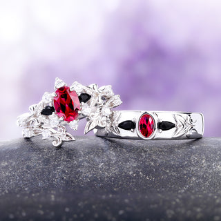 Carmilla lab-grown ruby and black onyx couples ring set in sterling silver: her engagement ring with enhancer band beside his 6mm bezel band