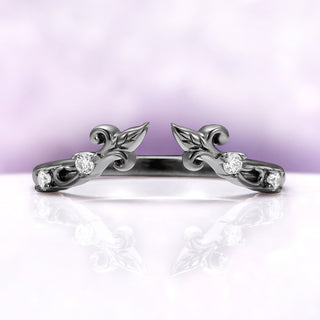 Carmilla ring enhancer in black ruthenium, an open leaf and vine wrap set with moissanite