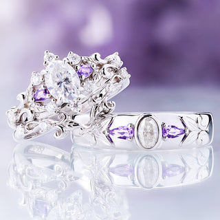 Carmilla moissanite and amethyst couples ring set in sterling silver: her engagement ring with enhancer band beside his 6mm bezel band
